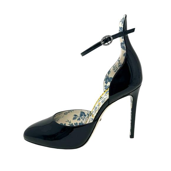 Gucci Daisy Ankle D'Orsay Pump Patent Leather Crystal Black 38.5 - Picture 1 of 8